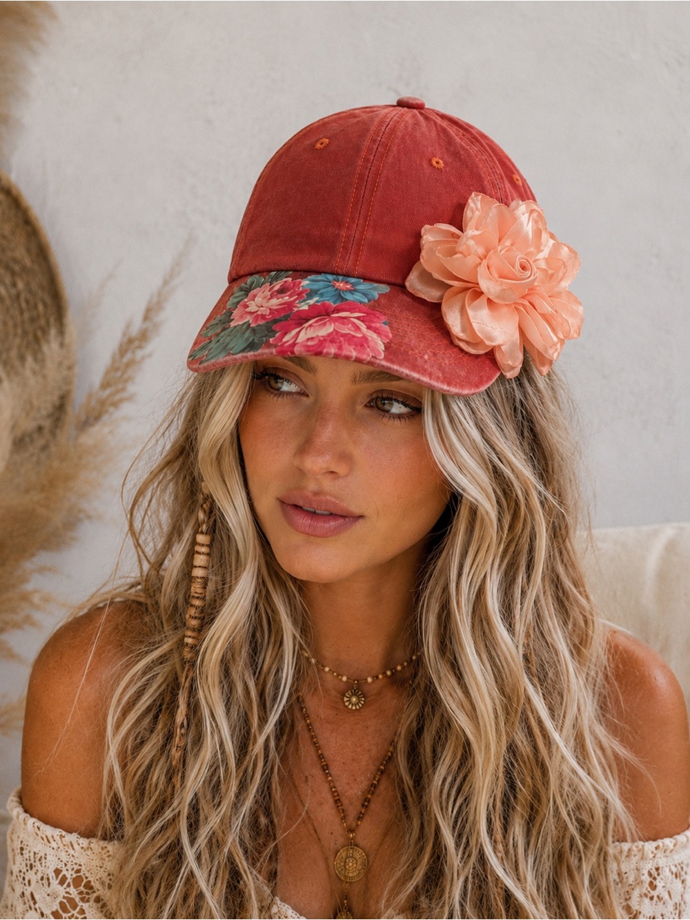 JAM Designs  Rust Floral Baseball Cap with Peach Flower Accent